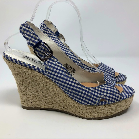 American Eagle Outfitters Shoes - American Eagle Navy Blue Plaid Slingback Wedge with Basketweave Grass Look Heel